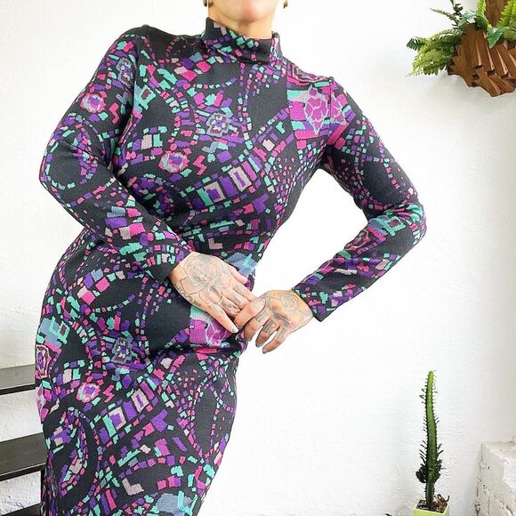 VIRGIN WOOL KNIT 60’s 60s Vintage 70’s 70s Kimberly Knit Geometric Black Dress M - Picture 7 of 11